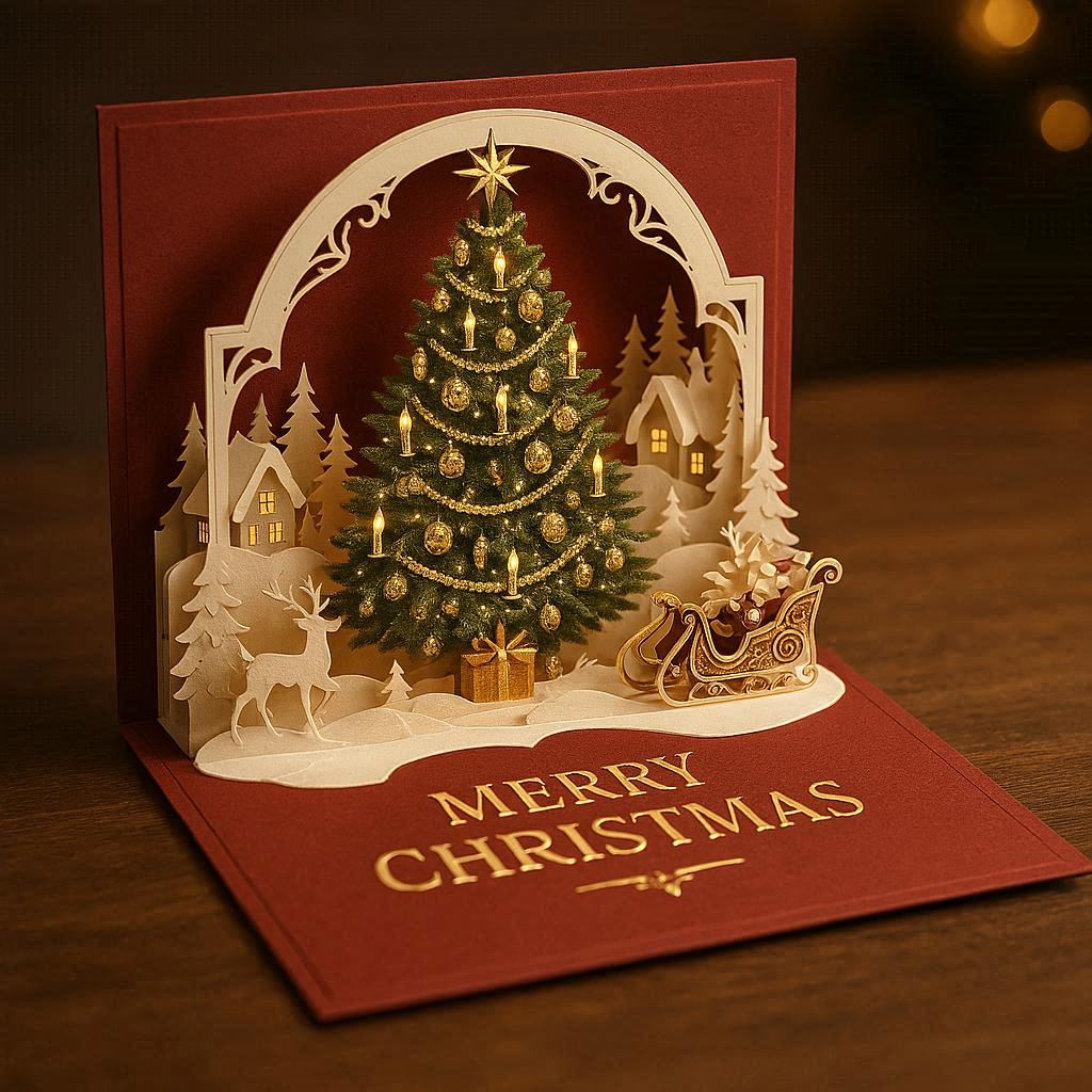A luxurious 3D pop‑up Christmas card, opened to reveal intricate layered scenes - a grand Christmas tree adorned with shimmering ornaments, golden garlands, and glowing candles, surrounded by snowy cottages, reindeer, and a festive sleigh. Elegant cut‑out details create depth and dimension, with refined typography in metallic gold reading Merry Christmas, radiating sophistication and holiday charm.